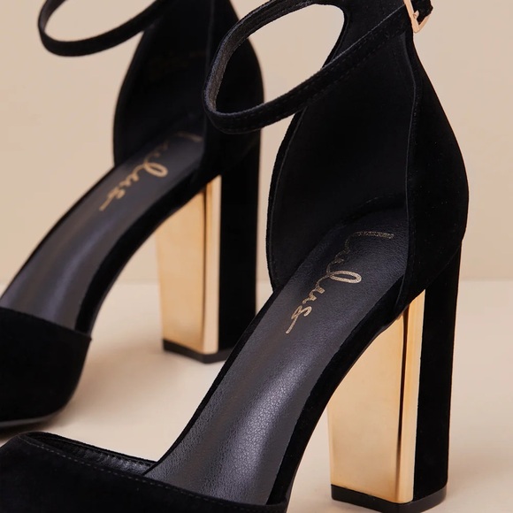 LULUS Laura Black & Gold Velvet Ankle Strap Chunky Heels Size 5 NEW - Picture 14 of 15